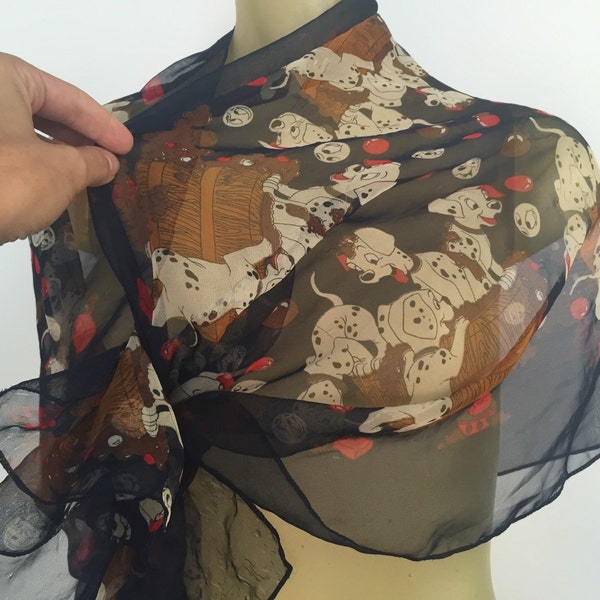 101 Dalmations Schal, transparente Chiffon-Schal, dunkelblaue Schal, rote Punkte, Dalmatiner Welpen, Blasen Bad Jahrgang Schal hübsch Vintage Disney