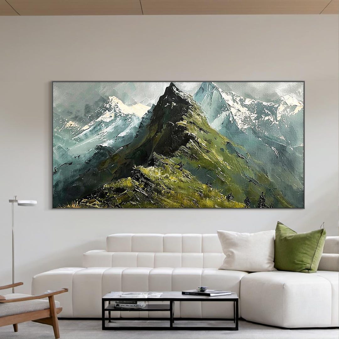 Large Mountain Oil Painting on Canvas, Green Abstract Landscape Wall ...