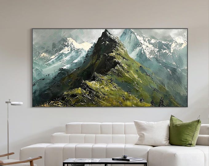 Original Mountain Oil Painting on Canvas 3d Green Wall Art Minimalist ...