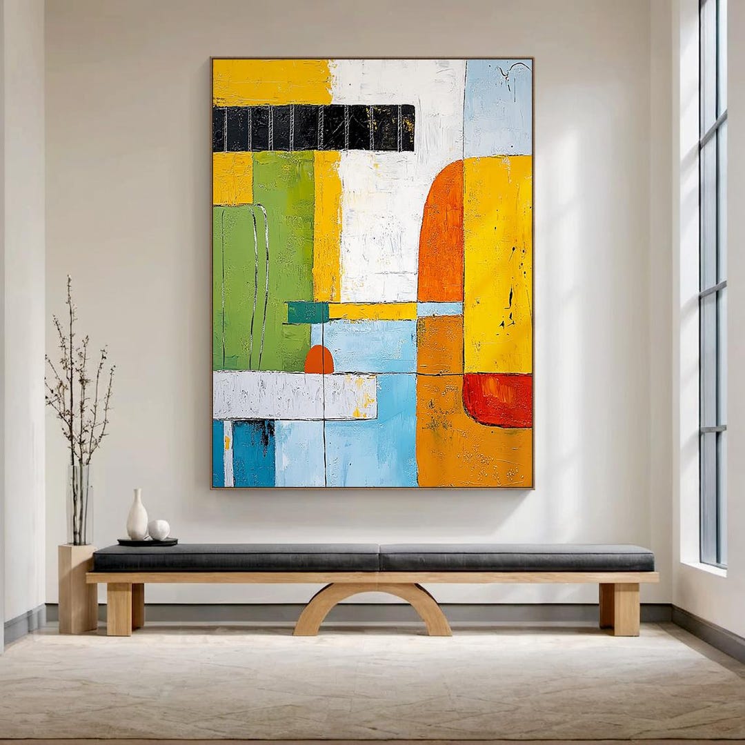 Large Abstract Geometric Oil Painting, Colorful Modern Wall Art ...