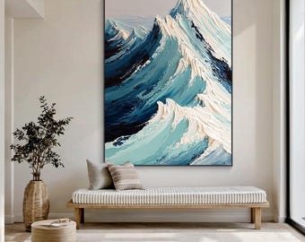 Large Ocean Wave Wall Art ,Abstract Blue Sea Painting Textured Coastal Canvas Art ,Modern Minimalist Hand Painted Artwork ,Living Room Decor