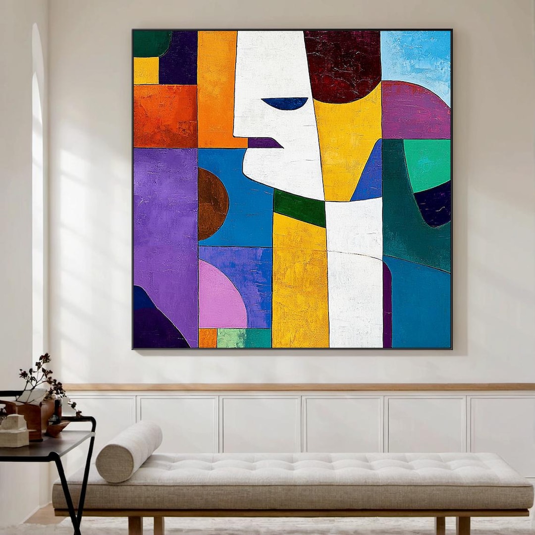 Large Colorful Abstract Face Oil Painting - Geometric Modern Canvas ...
