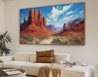 Large Desert Landscape Oil Painting, Red Rock Canyon Art, Vibrant Mountain Artwork, Monument Valley Wall Art, Hand-painted Canyon Landscape