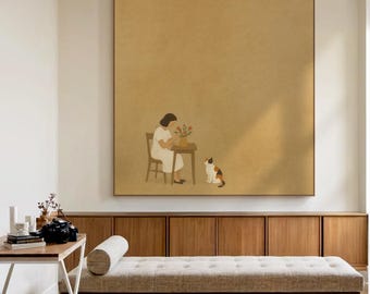 May include: A large square wall art print featuring a solid mustard yellow background. The illustration depicts a person in a white dress sitting on a wooden chair at a small table with a vase of flowers, accompanied by a calico cat sitting nearby.