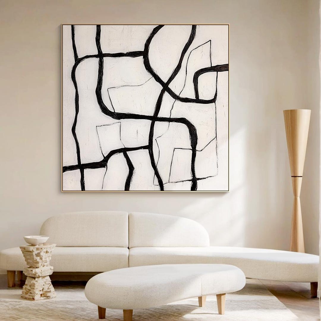 Black and White Abstract Line Art, Modern Minimalist Oil Painting ...