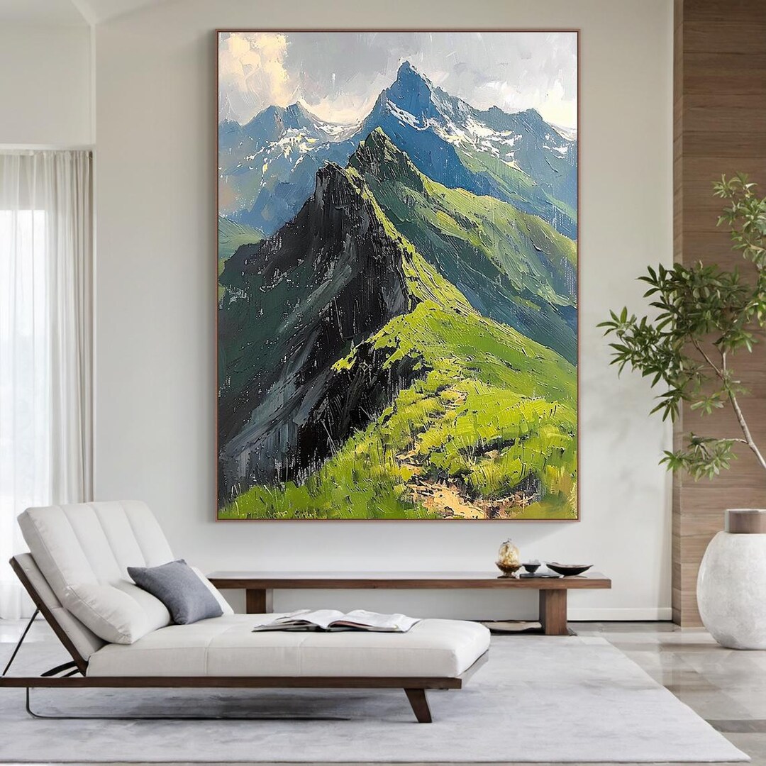 Original Green Mountain Landscape Oil Painting, Large Textured Wall Art ...
