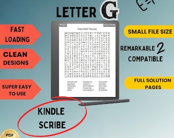Kindle Scribe Letter G Word Search For Adults Large Print REMARKABLE COMPATIBLE 100 hard puzzles Kindle gift for him for her for mom for dad