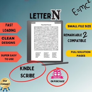 Kindle Scribe Letter N Word Search For Adults Large Print REMARKABLE COMPATIBLE 100 hard puzzles Kindle gift for him for her for mom for dad