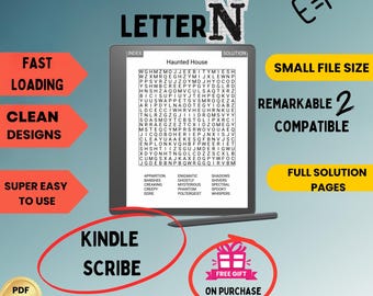 Kindle Scribe Letter N Word Search For Adults Large Print REMARKABLE COMPATIBLE 100 hard puzzles Kindle gift for him for her for mom for dad