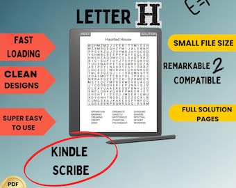 Kindle Scribe Letter H Word Search For Adults Large Print REMARKABLE COMPATIBLE 100 hard puzzles Kindle gift for him for her for mom for dad