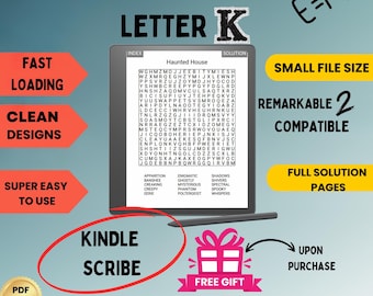 Kindle Scribe Letter K Word Search For Adults Large Print REMARKABLE COMPATIBLE 100 hard puzzles Kindle gift for him for her for mom for dad