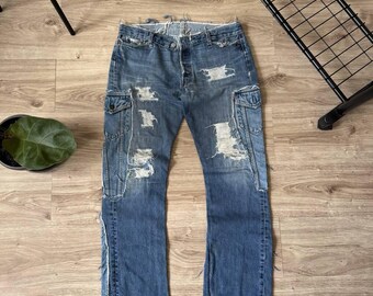 Vaqueros Levi's vintage Y2K con parches personalizados y desgastados, unisex, talla 34