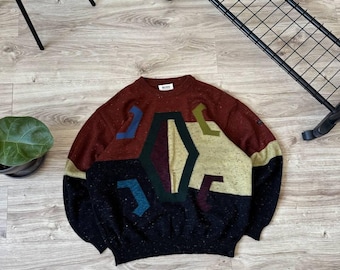 Vintage des années 90 Hugo Boss abstrait laine ras du cou pull homme taille XL