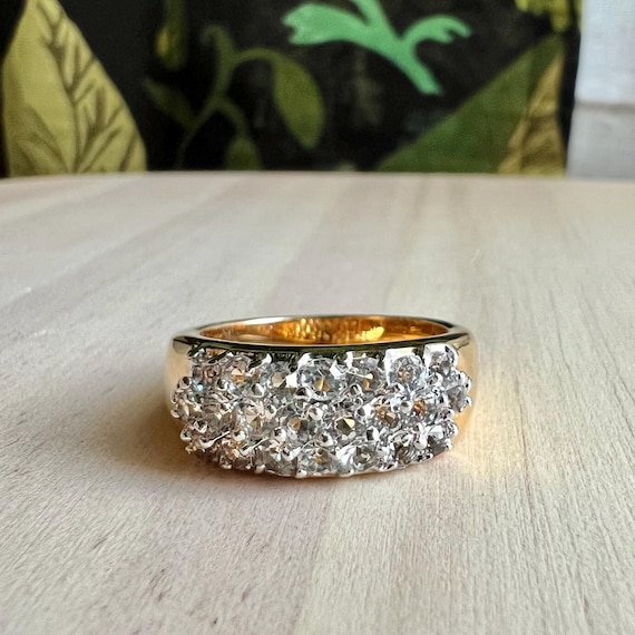 Gold-plated Stackable Ring with Three Rows of Rhi… - image 1