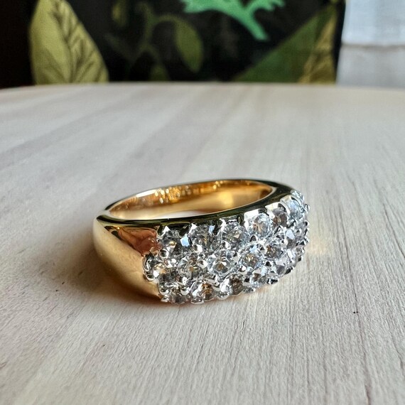 Gold-plated Stackable Ring with Three Rows of Rhi… - image 3