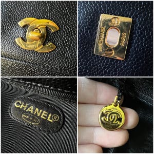 May include: Close-up shots of a black leather handbag with gold-tone hardware. Features include a signature interlocking CC clasp, a rectangular plate with "CHANEL PARIS" engraved, and a round charm with the CC logo. The interior label reads "CHANEL MADE IN ITALY".