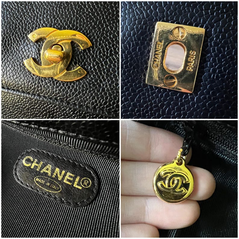 May include: Close-up shots of a black leather handbag with gold-tone hardware. Features include a signature interlocking CC clasp, a rectangular plate with "CHANEL PARIS" engraved, and a round charm with the CC logo. The interior label reads "CHANEL MADE IN ITALY".