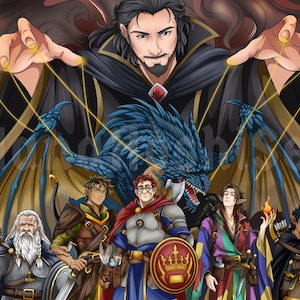 Puede incluir: Una ilustración digital que muestra a una figura de cabello oscuro con capa negra manipulando a cinco personajes de fantasía y un dragón azul con hilos de marioneta dorados. Los personajes incluyen un guerrero barbudo, un arquero, un caballero, un mago y un pícaro.