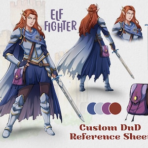 Peut inclure: Illustration d'une combattante elfe en armure, tenant une épée. Le personnage a les cheveux roux et porte une tenue bleue et blanche avec une cape. L'image comprend une feuille de référence avec le texte "Elf Fighter" et "Custom DnD Reference Sheet".