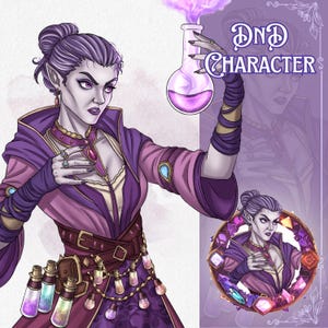 dnd character portrait of a female drow alchemist with pale gray skin and purple hair in a bun, wearing layered violet robes and gemstone jewelry. She holds a glass flask filled with glowing purple potion emitting magical smoke. Multiple potion bottles hang from her belt. Decorative fantasy layout with a circular character badge framed by colorful crystals, detailed semi realistic digital illustration. dnd, dnd Character, dnd Portrait, dnd Commission. Barbarian, tiefling, bard, wizard, orc