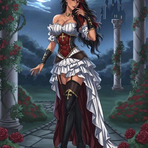 Fantasy female character with long black hair streaked with crimson, pointed elf-like ears, and an elegant white and red gown with a fitted corset, flowing skirt, and black thigh-high boots. She stands on a stone path in a moonlit rose garden surrounded by ivy-covered columns, with a distant castle beneath a full moon. Detailed full-body RPG character illustration in a fantasy and Dungeons & Dragons art style. DnD, DnD commission, dnd character, character art, dnd portrait, tiefling, elf