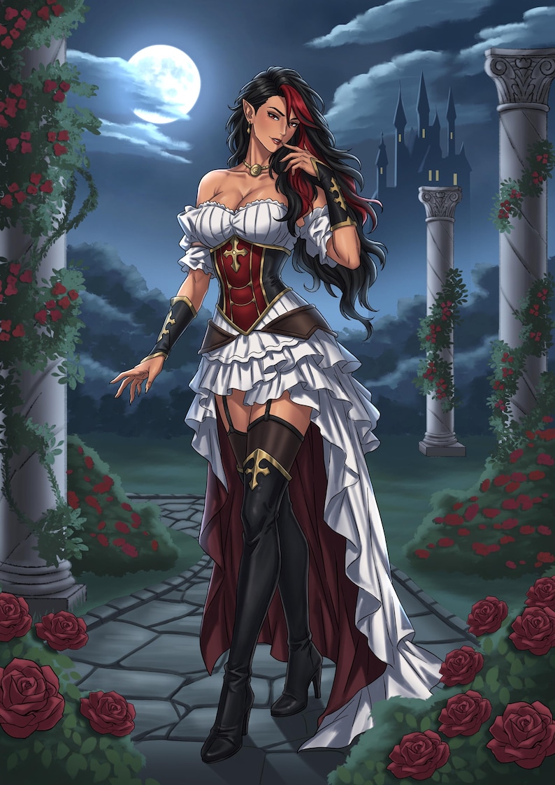 Fantasy female character with long black hair streaked with crimson, pointed elf-like ears, and an elegant white and red gown with a fitted corset, flowing skirt, and black thigh-high boots. She stands on a stone path in a moonlit rose garden surrounded by ivy-covered columns, with a distant castle beneath a full moon. Detailed full-body RPG character illustration in a fantasy and Dungeons & Dragons art style. DnD, DnD commission, dnd character, character art, dnd portrait, tiefling, elf