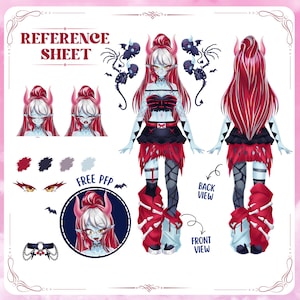 Puede incluir: Hoja de referencia que presenta un personaje estilizado con cabello rojo, cuernos y un atuendo negro y rojo. La hoja incluye vistas frontal y posterior, expresiones faciales, muestras de color y un gráfico "FREE PFP".