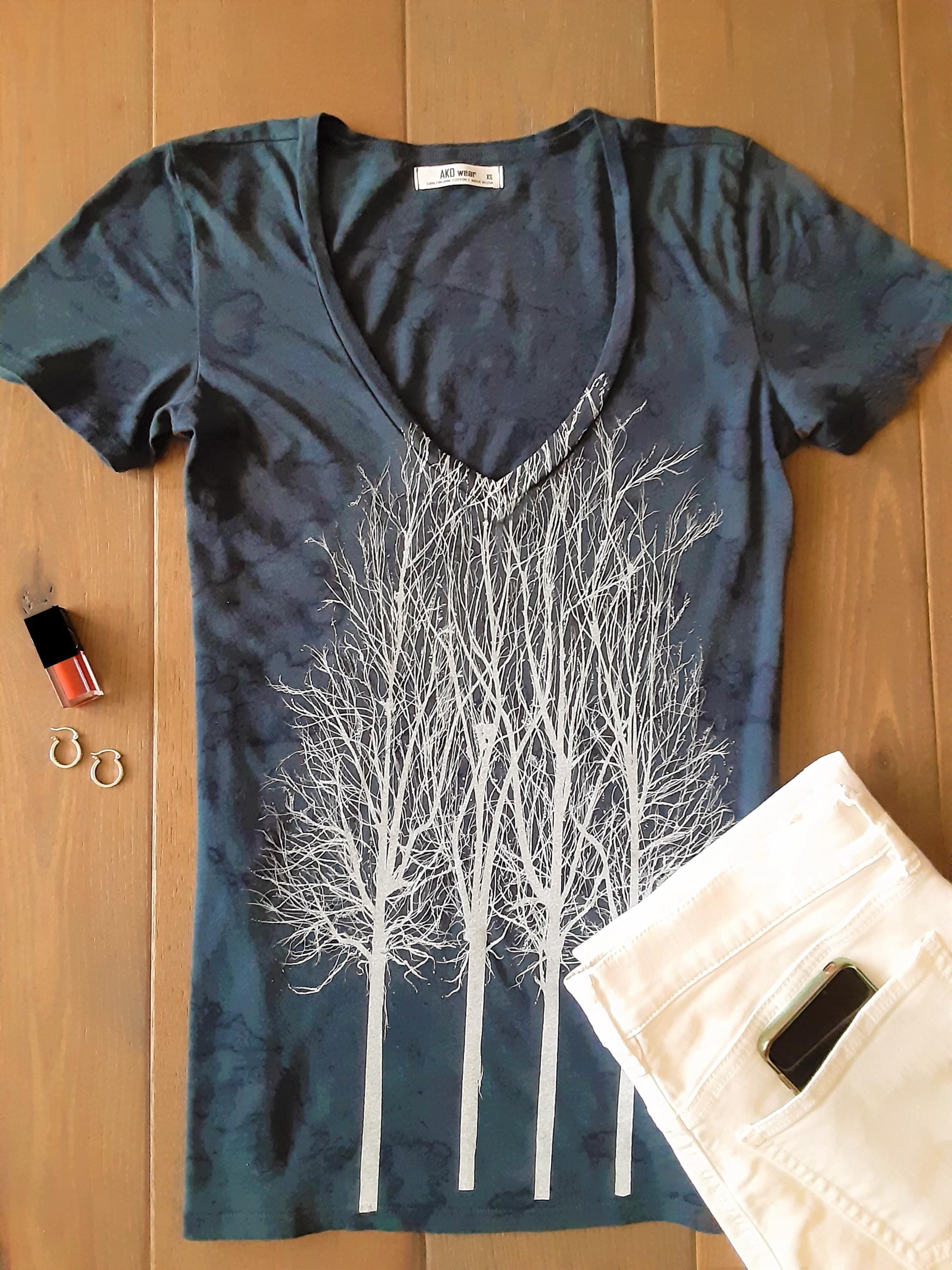 Organic Cotton Blue V Neck Veggie Dye Top with Trees Print (Size Small) FREE US Shipping