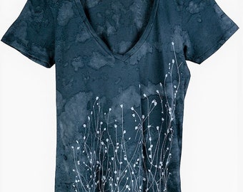 Organic Cotton V-Neck Top: Indigo Tie Dye, Poppy Print, Size XS, Free USA Shipping