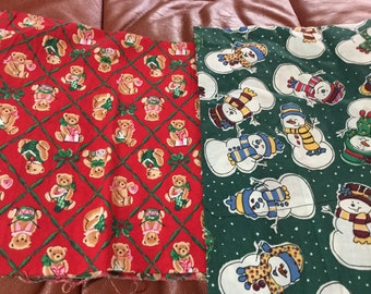 2 Christmas Teddy Bear & Snowman Prints Fabric | Green 22” red 14” by 45” | First Quality