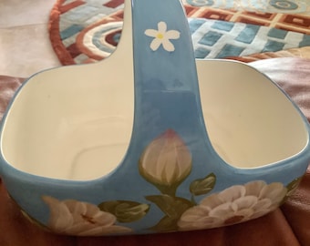 Turquoise Ceramic Floral Basket with Handle | 8.5” by 6.25” wide 3” deep | Great Condition