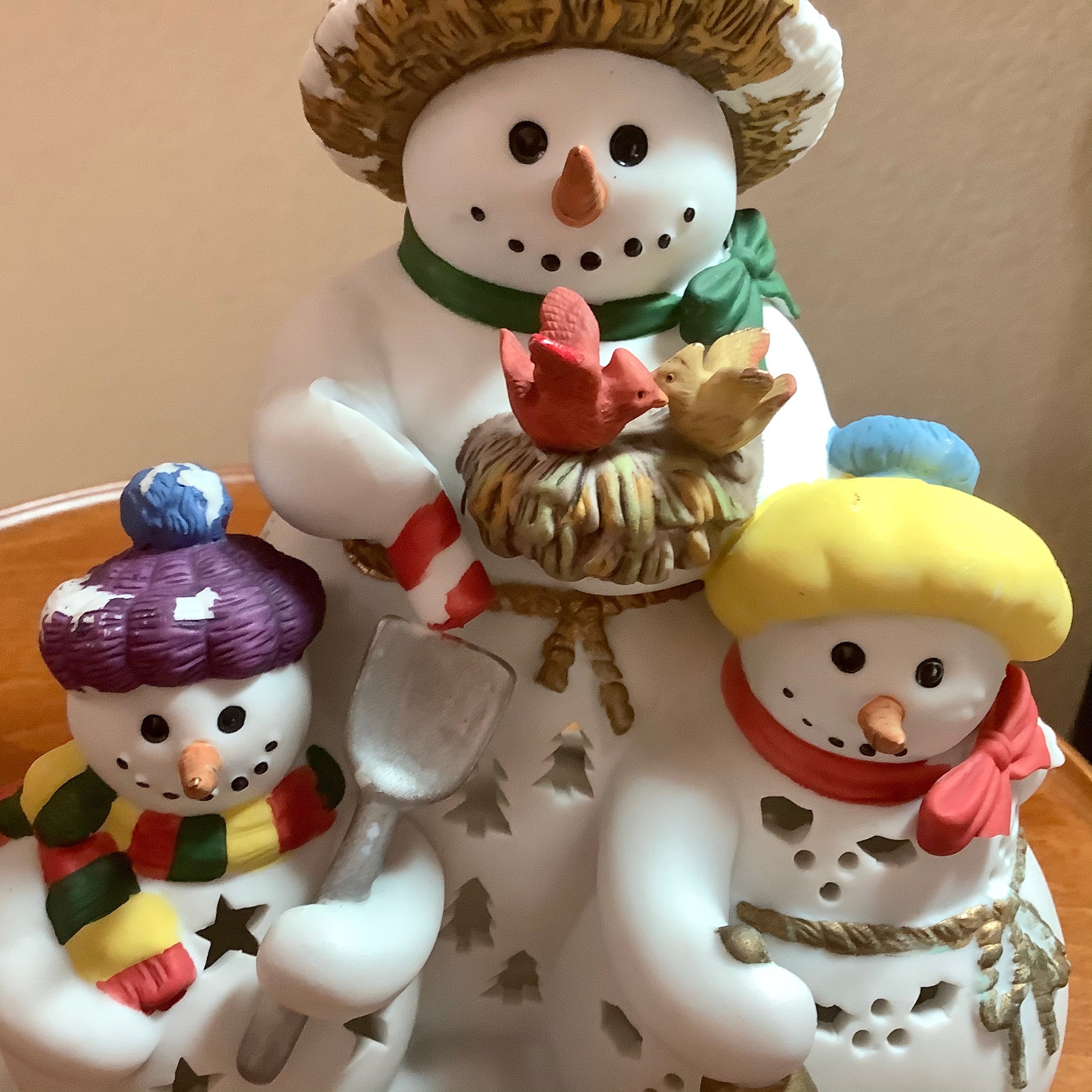 Multi Color 4" Tall Ceramic Snowman With Teddy Bear Tea Light Candle Holder