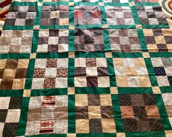 Handmade Green Brown Beige Quilt Top Cotton Fabric | 78” by 60” | some imperfections as pictured