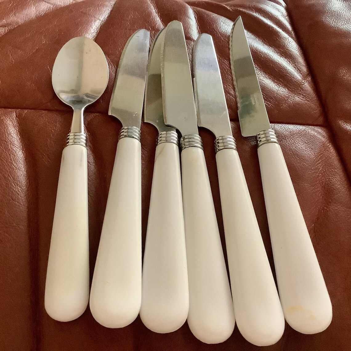 Vintage Stainless Flatware With White Plastic Handles 6 Etsy