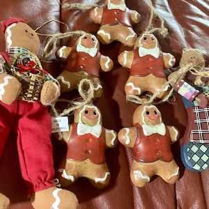 7 Gingerbread Christmas Ornaments | Fabric, Metal & Wood | Tallest 7” tall | Excellent conditions