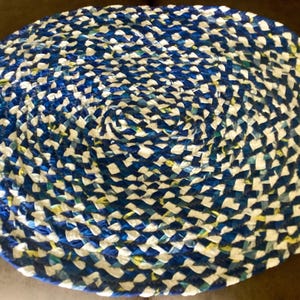 Blue White Yellow Braided Mat, 19” long by 16” wide, Cotton fabric Centerpiece or small rug
