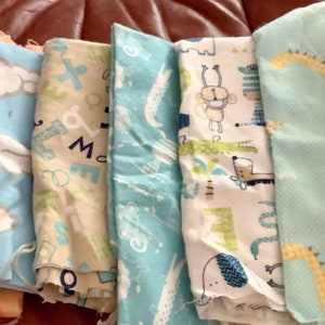 Children’s Flannel Print Cotton Fabric Remnants | Rag Quilt | Lavender, blue, pink, orange | various sizes from a half yard to 20” by 20”
