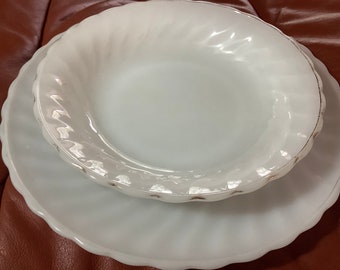 Vintage Anchor Hocking Fire King White Bowl and Plate | Set of 2 | 7.5 and 10” diameter | Excellent Condition