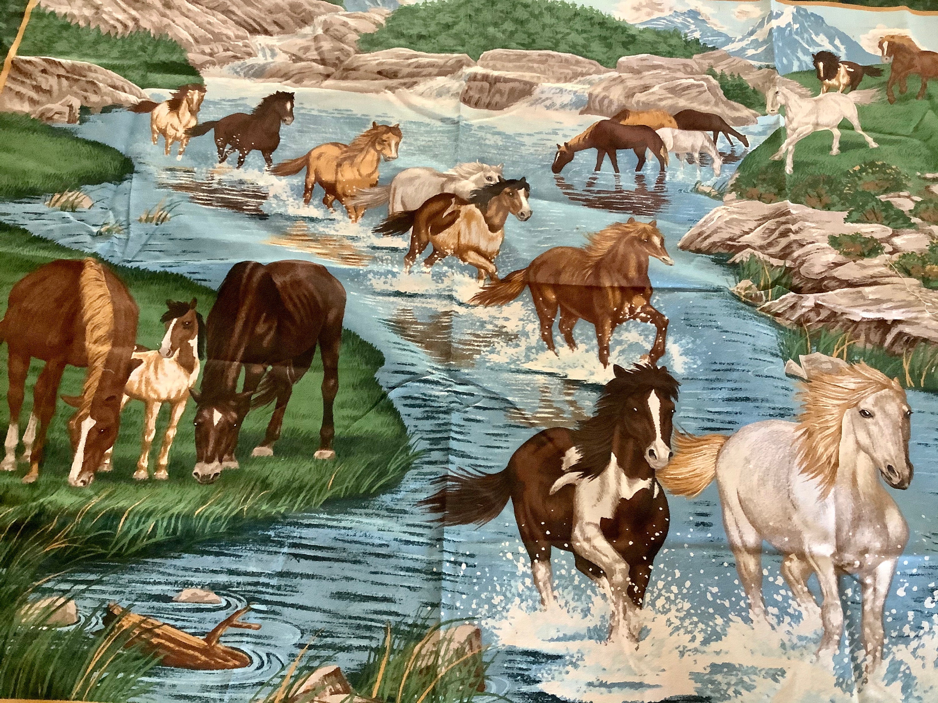 Horses Cotton Fabric Panel 1 Yard Blue Gold White Brown Etsy UK