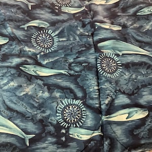Blue Background Whales and Maps Cotton Fabric | 16” by 45” wide | Blue