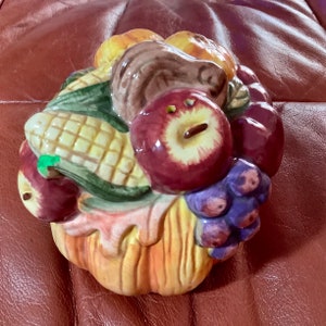 Ceramic Halloween Fall Pumpkin Salt & Pepper Shakers with Fruit on top | 4” by 3” wide | nice condition