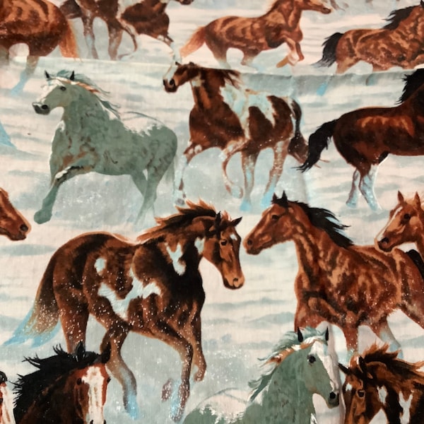 Horses “Wild Wings” Print Fabric Remnants | 18” by 22” plus extra piece | Brown beige blue