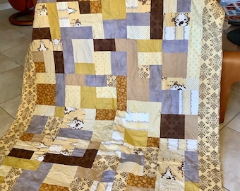 Quilt - Backing, Bound and String Quilted Pieced Quilt | 54” by 70” | Yellow gray brown, Safety pinned to machine quilt | First quality