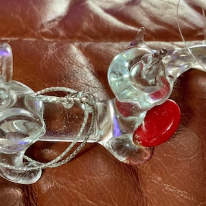 Clear Glass Miniature Cat with Red Heart & Dolphin Ornaments | Set of 2 | 3” long | Great Condition