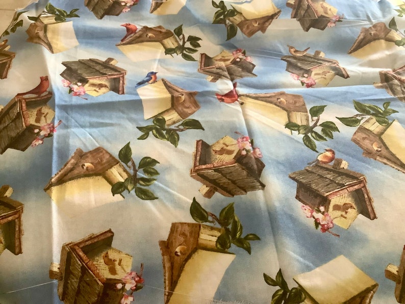 Quilting Treasures Birdhouse & Birds Print Cotton Fabric 13 by 45 wide Blue brown White First Quality image 2