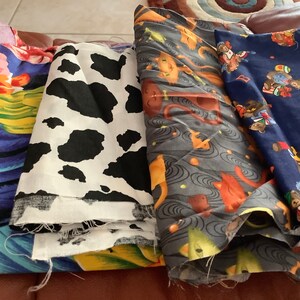 4 Pieces Print Fabric Remnants | approx 1.5 yards | Cotton Fabric | Blue Green Gold White Black | First Quality