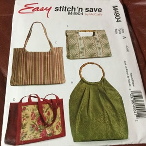 McCalls 4904 | Soft Bags Handbag Pattern in 4 Styles | cut | Purchased handles and fabric handles