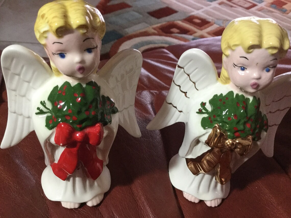 2 Vintage Ceramic Angels Christmas Knickknacks | 3” Tall | White Gold ...