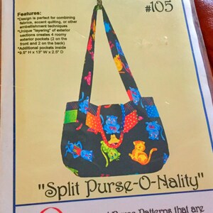 May include: A sewing pattern for a tote bag, titled "Split Purse-O-Nality" by Purse-O-Nalities of Palm Harbor. The bag features a black background with colorful cat illustrations. The pattern includes instructions for pockets and dimensions of 9.5" H x 13" W x 2.5" D.