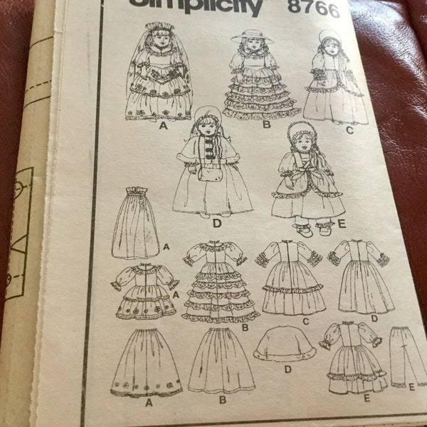Simplicity 8766 |  Craft Pattern w/o envelope 18” dolls | Doll clothes | Fancy dresses, bride, old fashioned, coat and muff, Hat and cape
